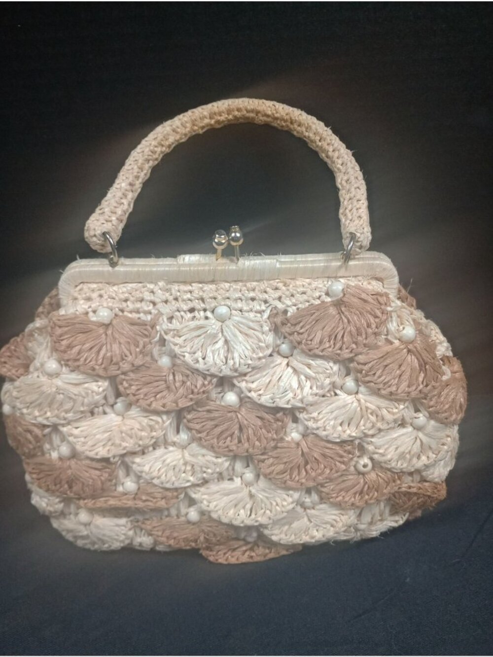Vintage Retro Mid Century Taupe/Beige 1950s  Walborg Woven Raffia Straw Hand Bag